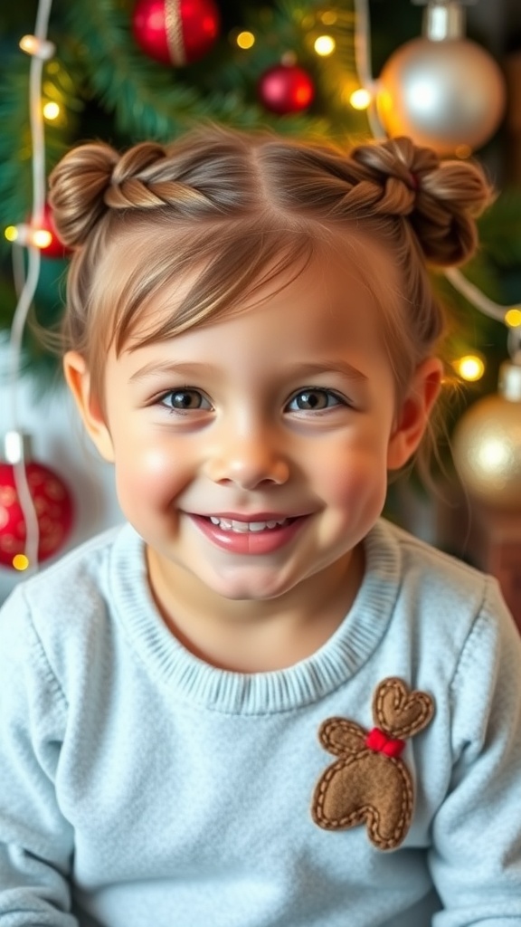 A happy child with creative Christmas hairstyles, surrounded by holiday decorations.